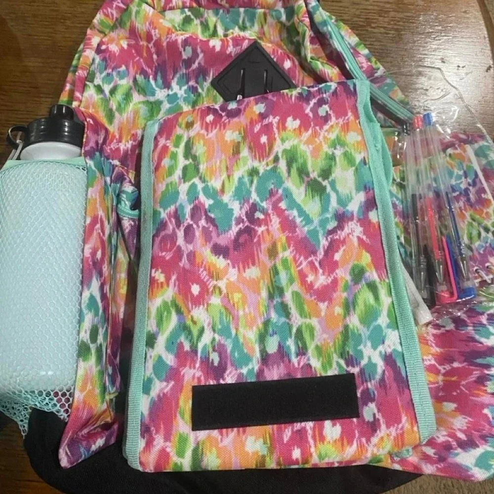 Tie dye backpack with water bottle holder, lunch bag and pencil bag